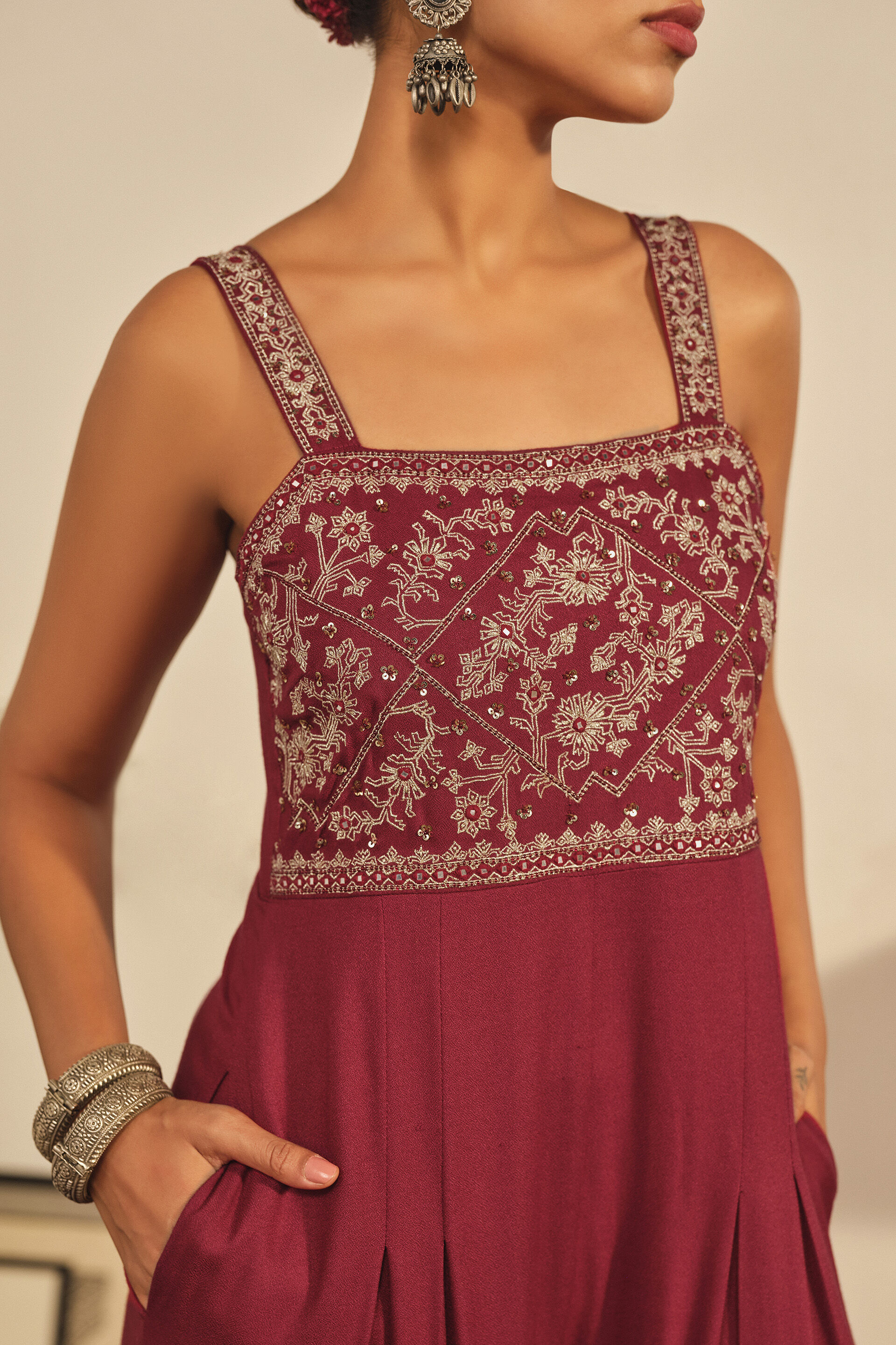 Embroidered Jumpsuit in Maroon, Maroon, image 2